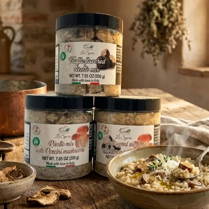 Creamy truffle porcini risotto plated with shaved Parmesan and parsley .webp