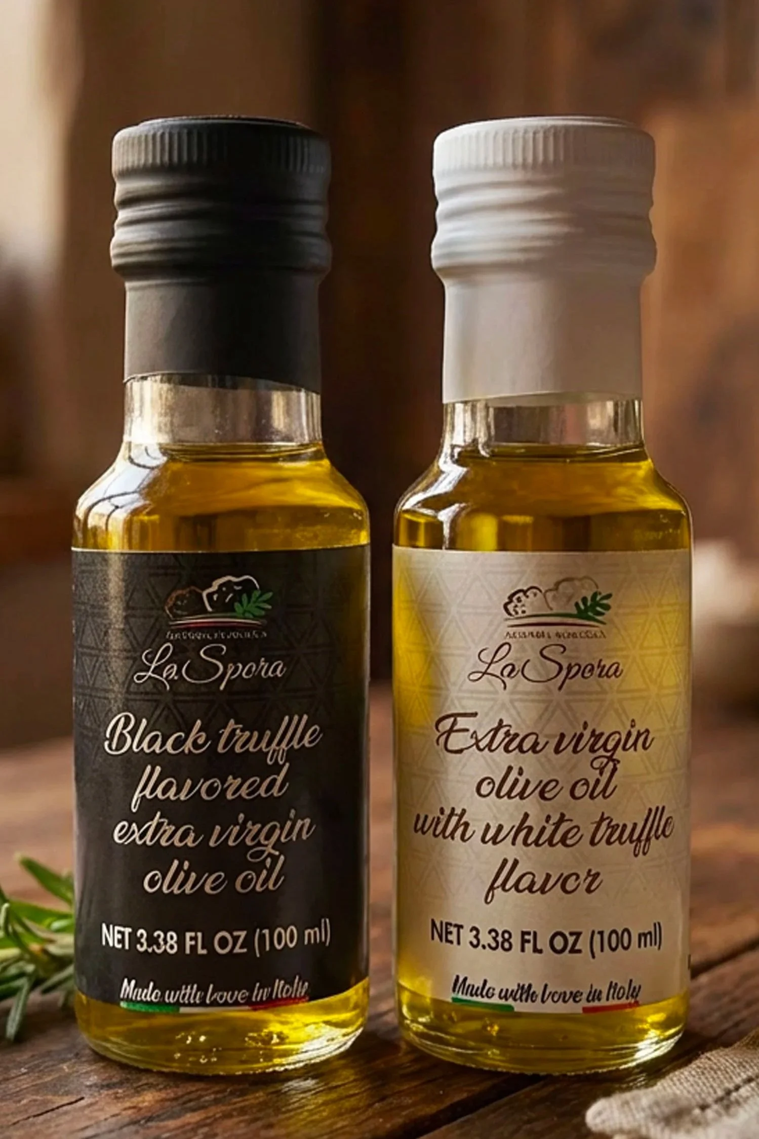 Two bottles of flavored extra virgin olive oil, one with black truffle flavor and the other with white truffle flavor, placed on a wooden surface with a sprig of rosemary nearby.