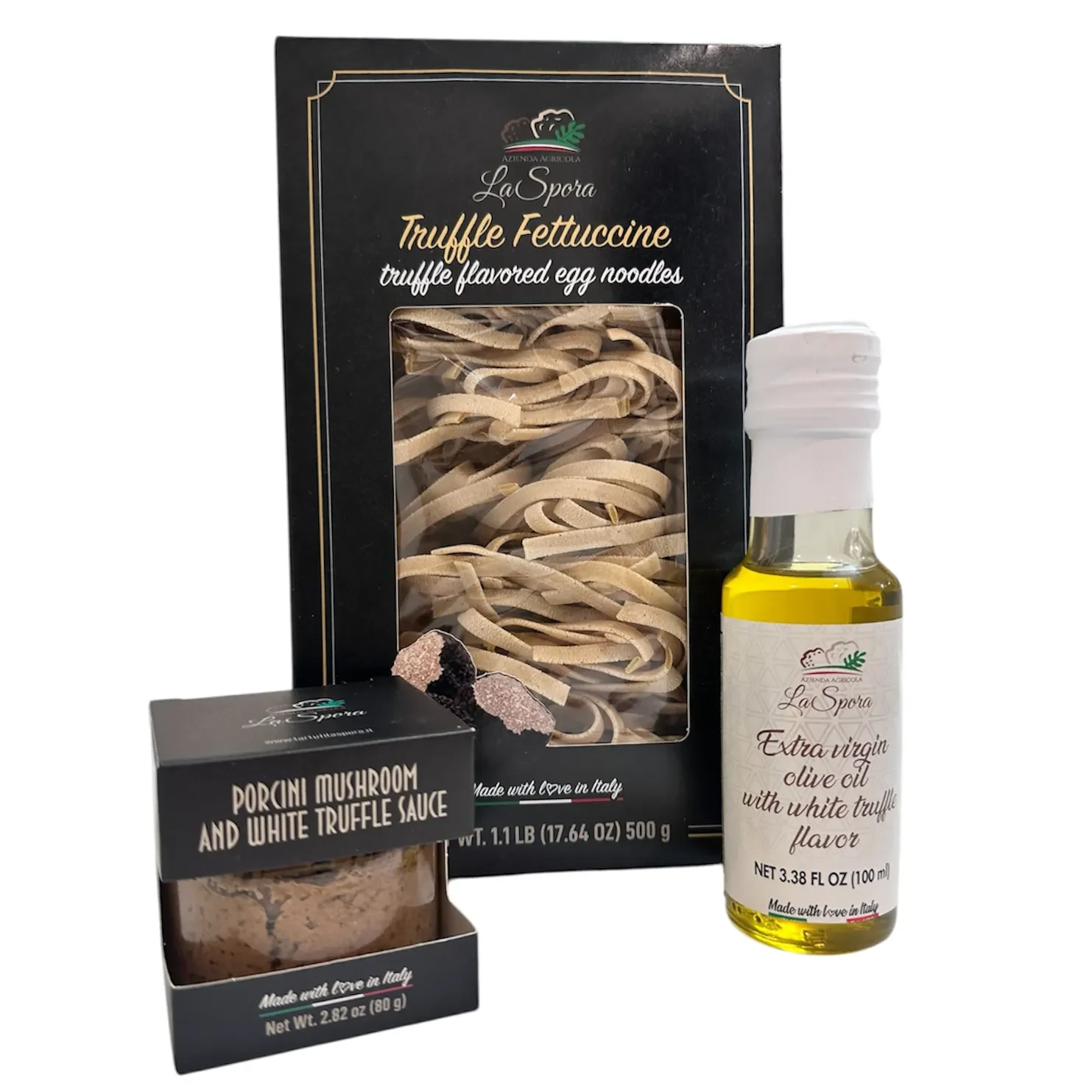 Artisan truffle egg fettuccine, white truffle extra virgin olive oil, porcini mushroom and white truffle sauce, luxury gift box.