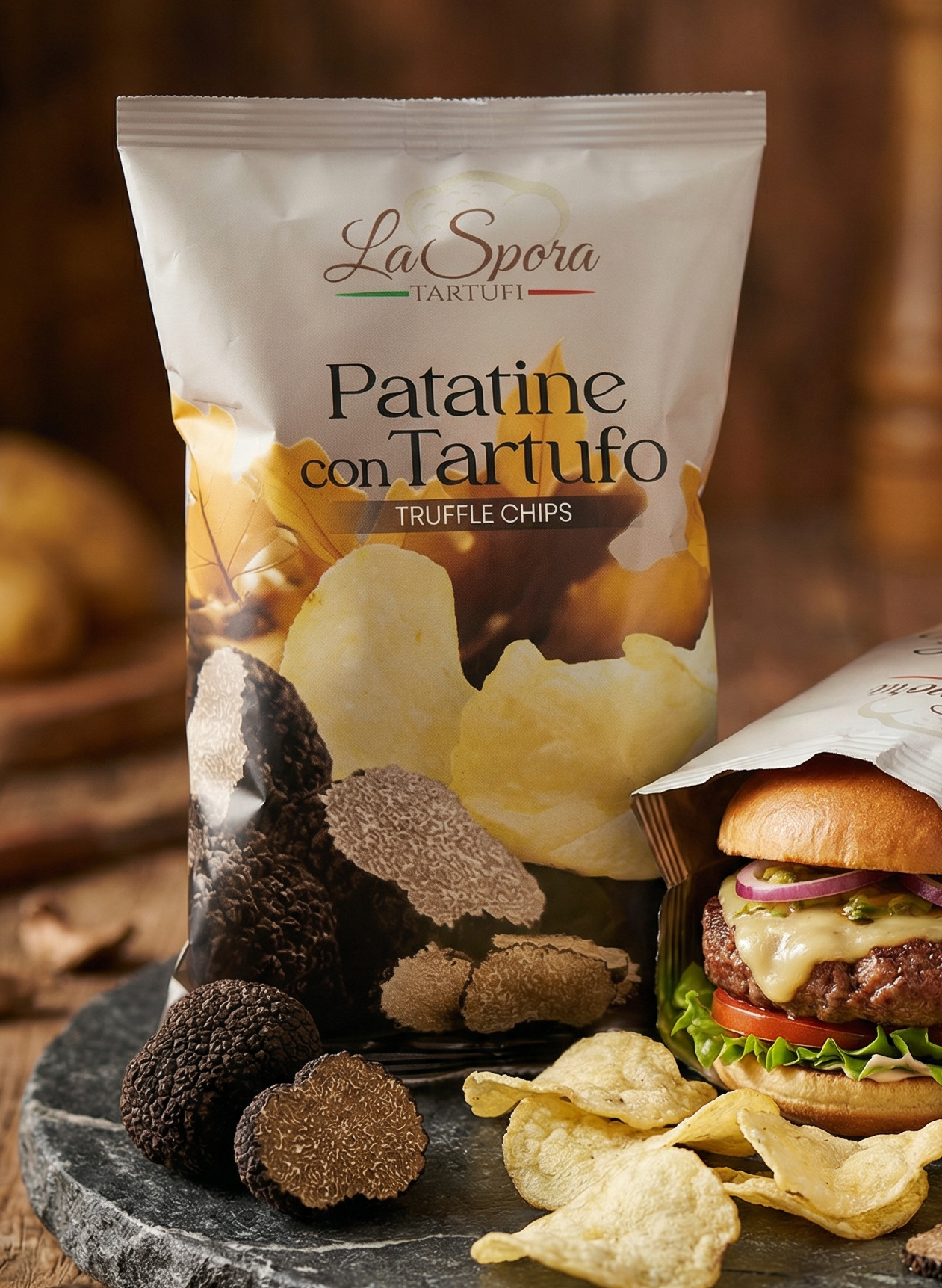 Crispy truffle potato chips seasoned with real truffle aroma