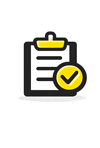 A clipboard with three lines of text and a yellow checkmark in a circle at the bottom right.