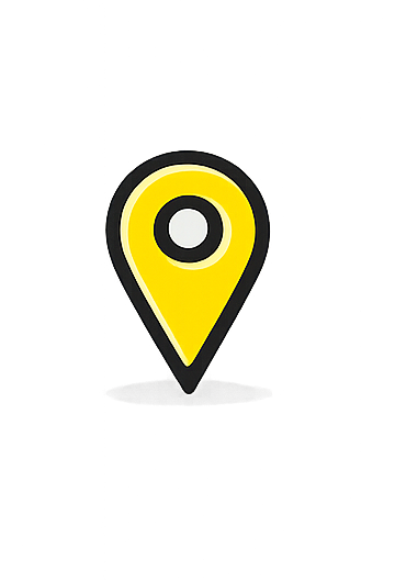 A yellow location pin marker with a black outline and a white circle in the center.