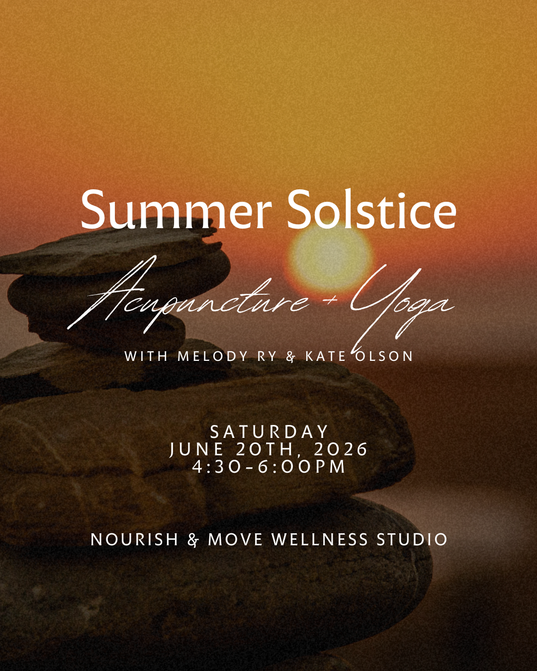 Join Melody and Kate for a nourishing Summer Solstice Acupuncture + Yoga experience designed to help us attune our bodies and minds to the energy of the season.

The Summer Solstice marks a time of fullness. The longest day of the year, abundant in l