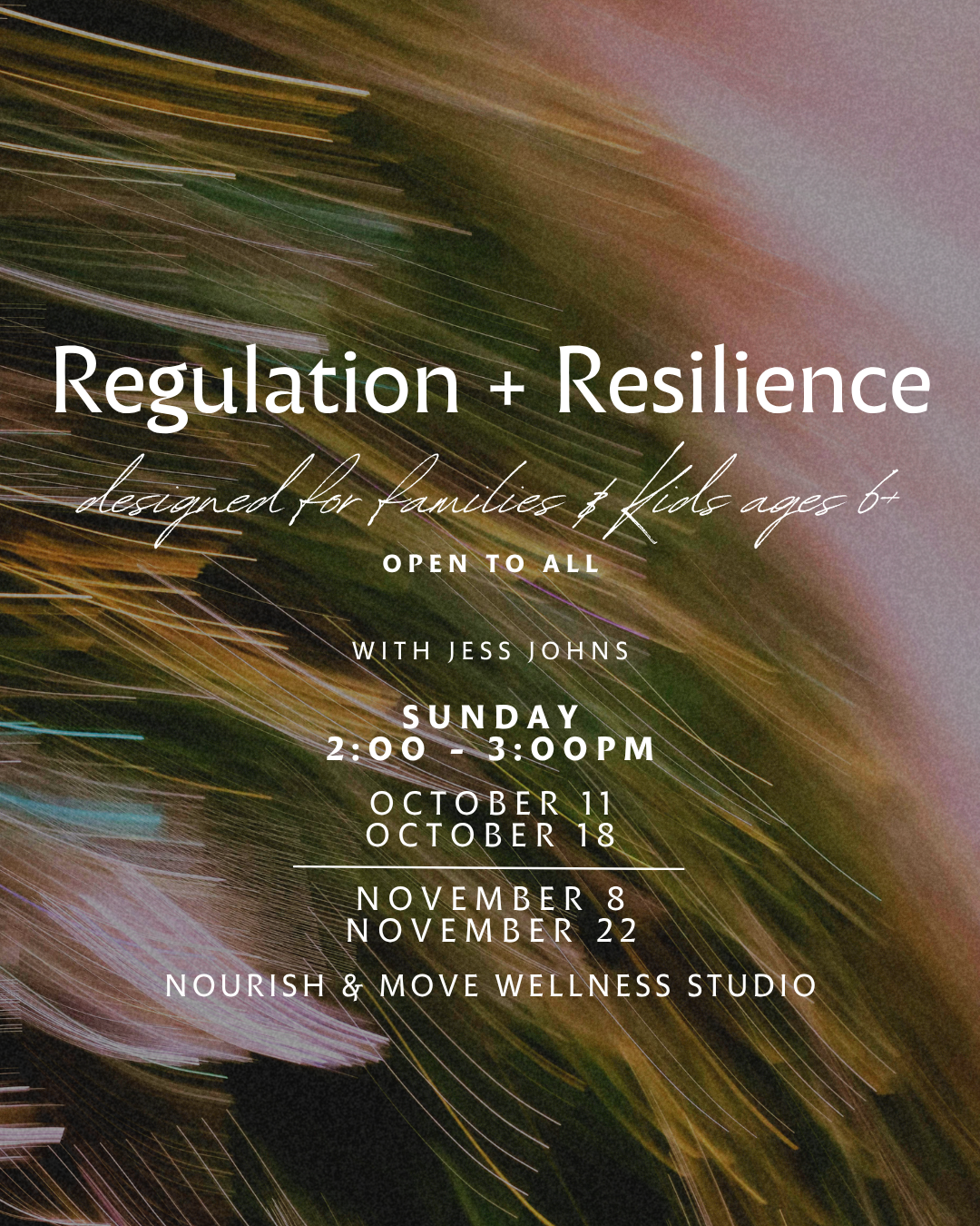 A Four-Part Workshop Series for Everyday Nervous System Support

How do we recognize what’s happening within us and learn ways to respond with greater awareness, steadiness, and resilience?

Regulation + Resilience is a four-part experiential worksho