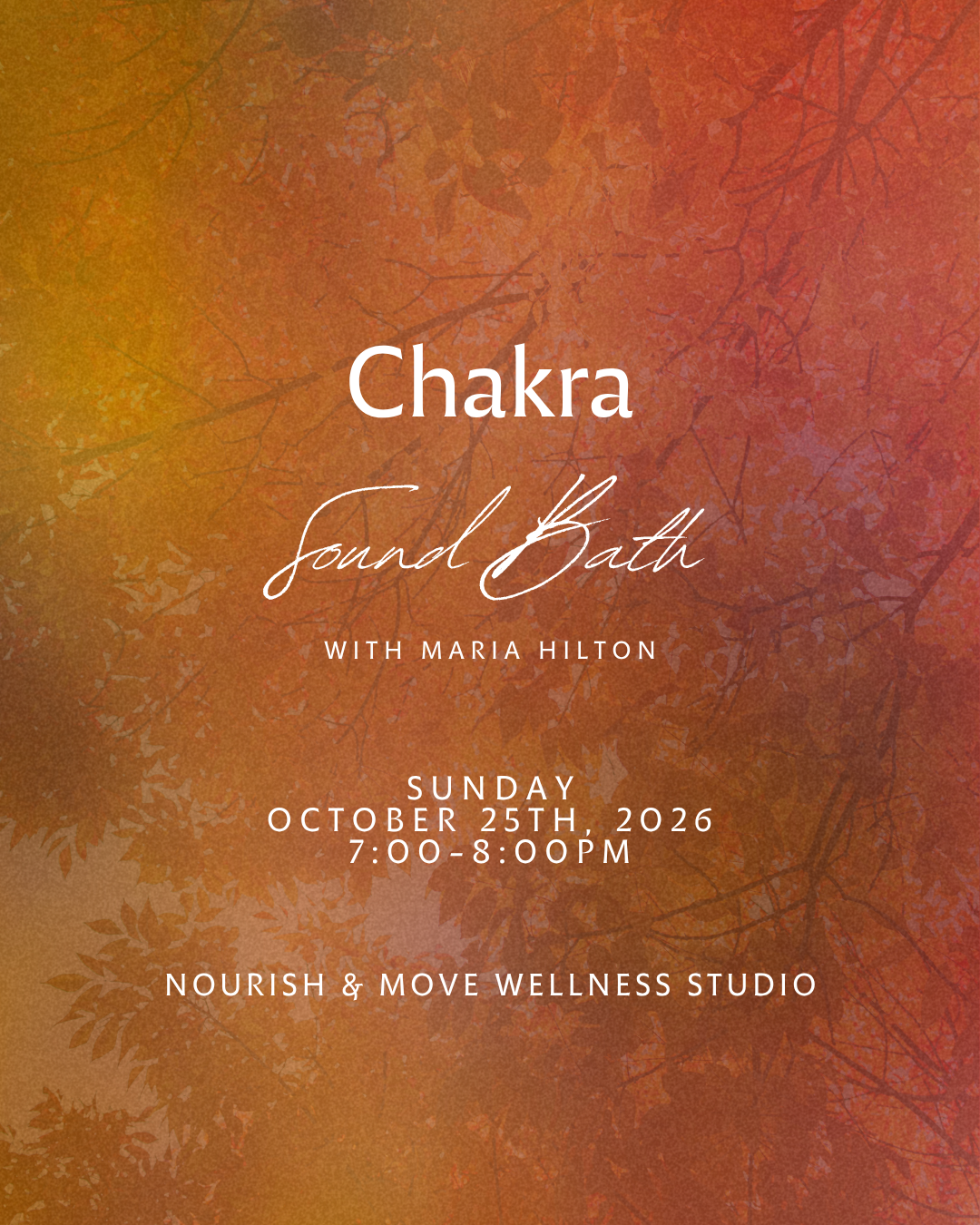 Experience a sound bath and meditative journey through the chakras with Maria Hilton. Chakras are the seven main energy centers, inviting you to come back into harmony with yourself. Through sound healing and guided awareness, we’ll move through each