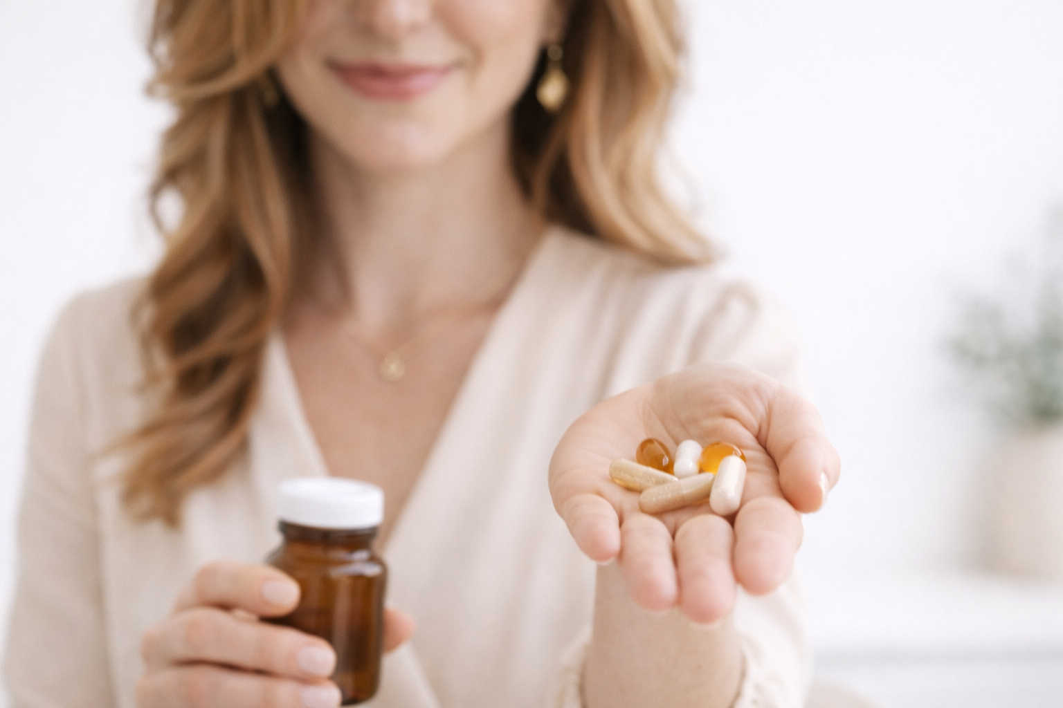 Woman holding supplements to support hormone balance, energy, and personalized nutrition plan