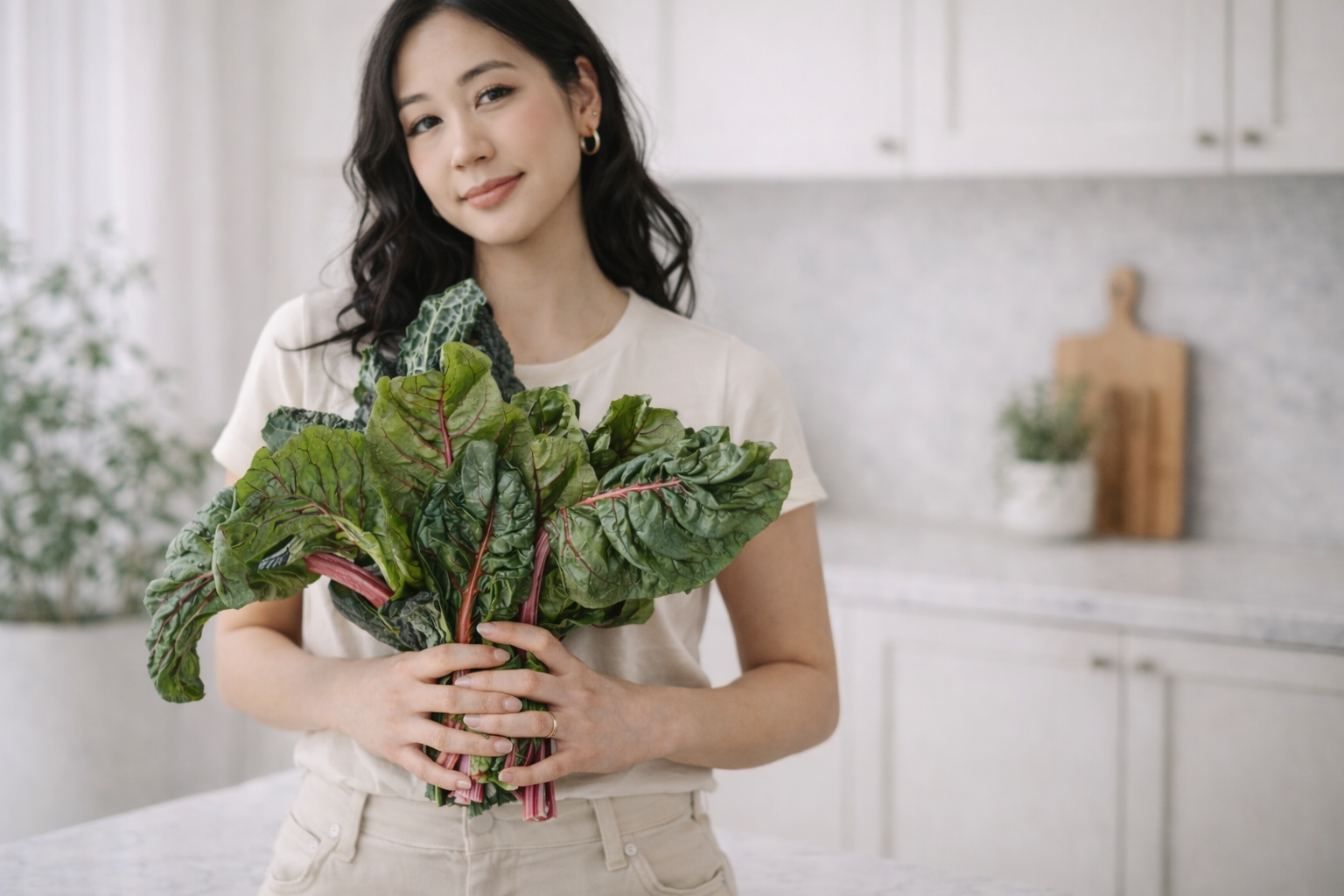 Woman holding fresh leafy greens representing whole food nutrition for hormone balance and metabolic health