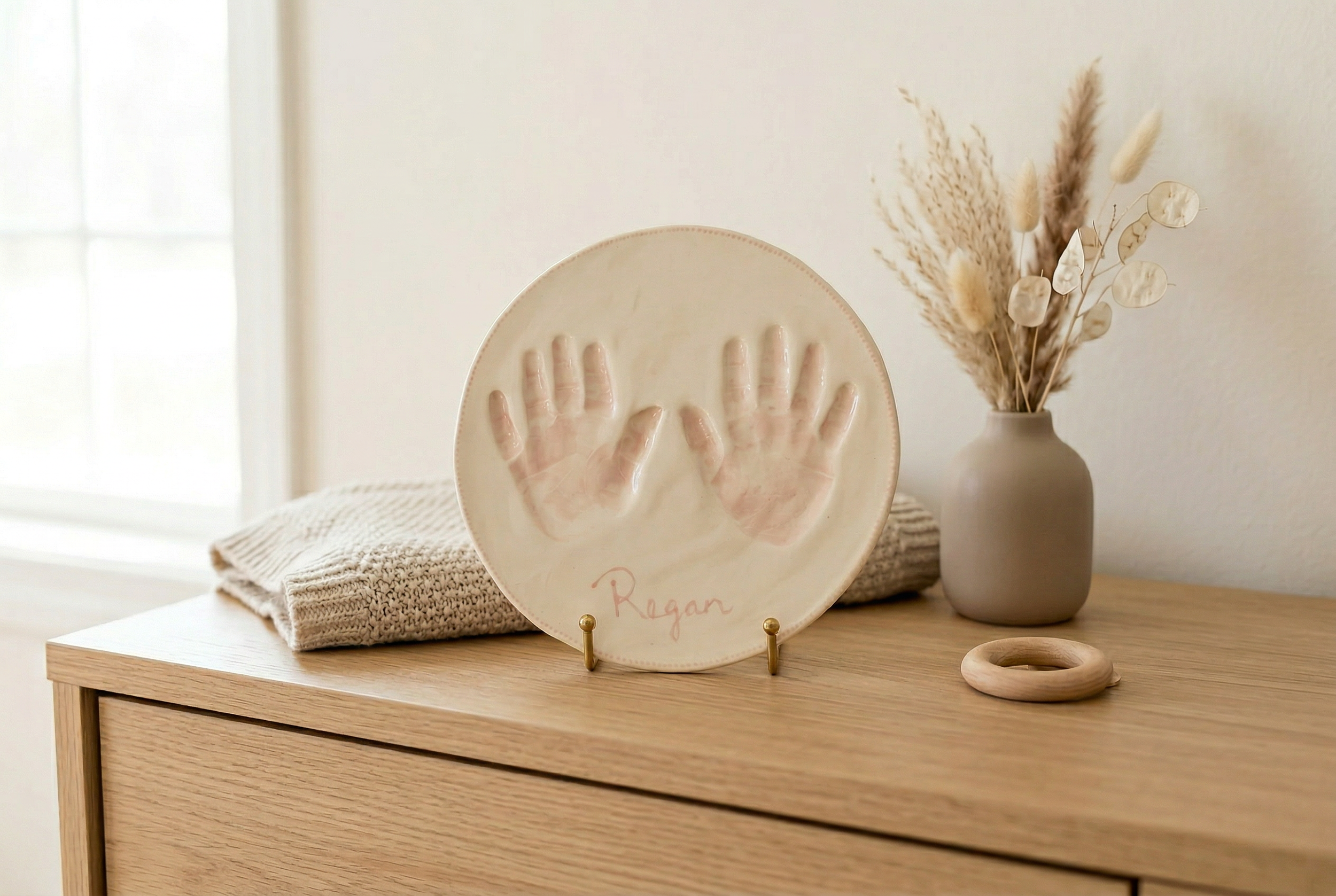 Firefly_GeminiFlash_Using the attached 7-inch ceramic handprint plate (name “Regan”) as the exact product 205653.png