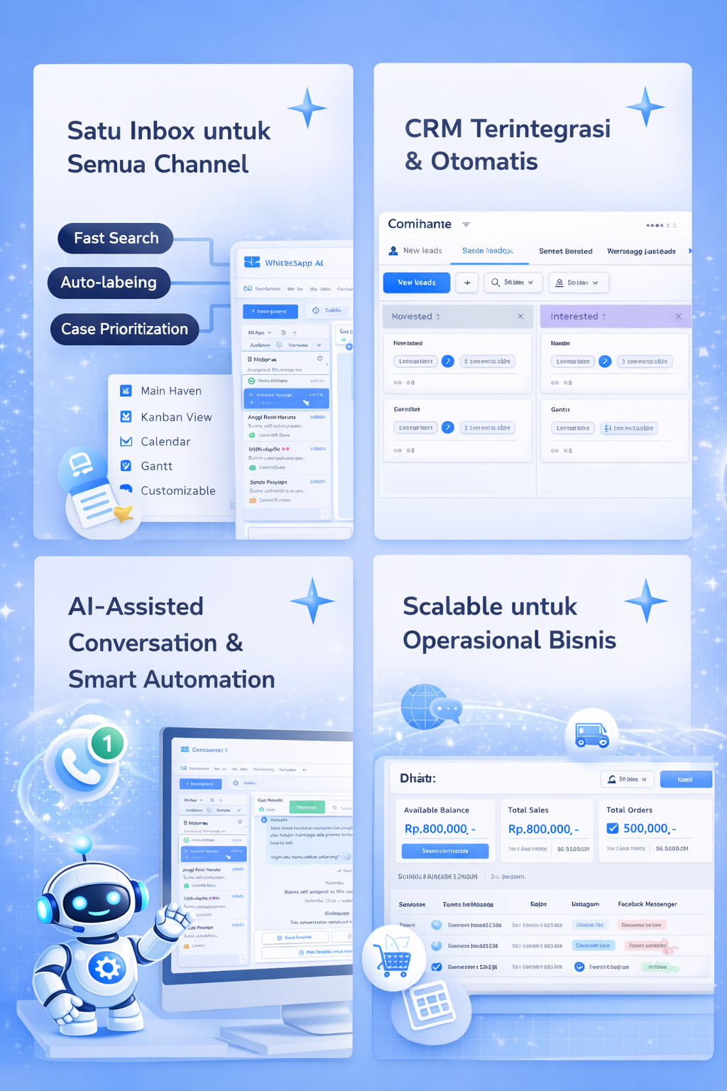 use case Omnichannel AI dengan integrasi CRM, AI untuk customer conversation, dan pengelolaan multi-channel dalam satu platform terpusat.