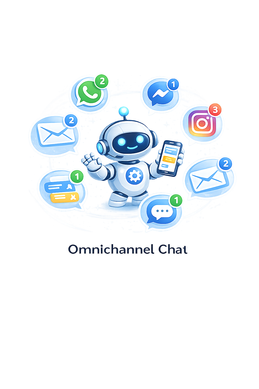 Omnichannel Chat berbasis AI yang mengintegrasikan komunikasi pelanggan dari WhatsApp, Instagram, Facebook, email, dan live chat website dalam satu platform terpusat.