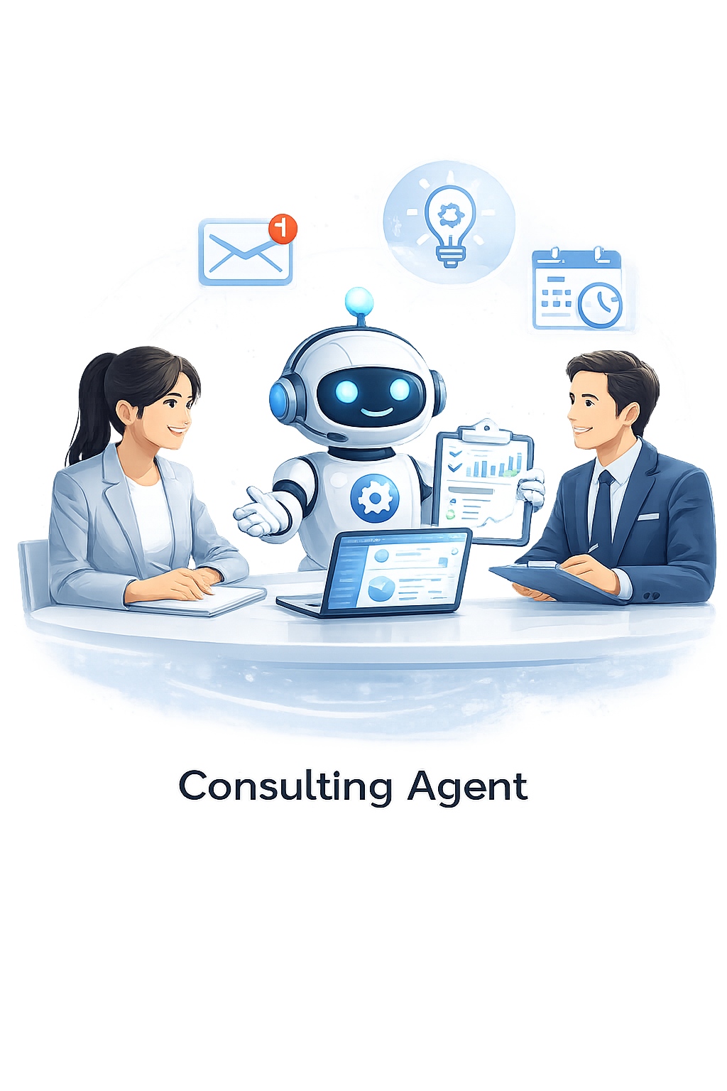 Consulting Agent berbasis AI yang membantu perancangan strategi bisnis dan implementasi teknologi melalui analisis data dan kolaborasi manusia dan sistem cerdas.
