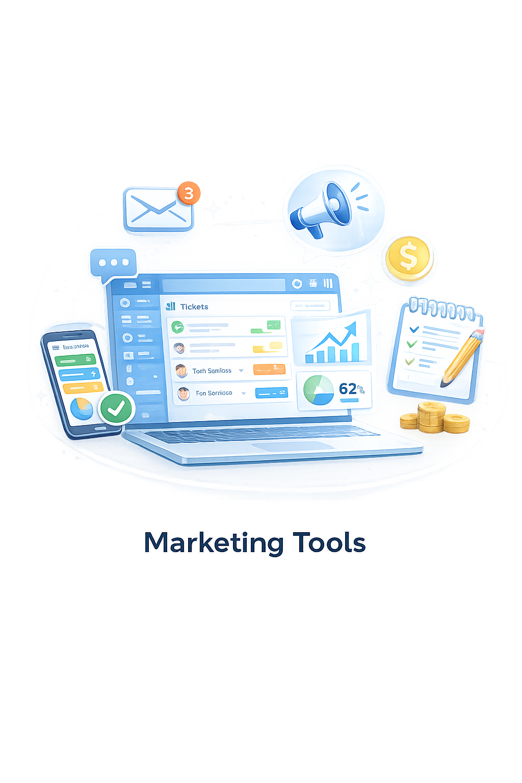 Marketing Tools berbasis AI dalam platform Omnichannel, menampilkan dashboard kampanye, broadcast pesan, analisis performa marketing, dan automasi komunikasi pelanggan lintas channel.