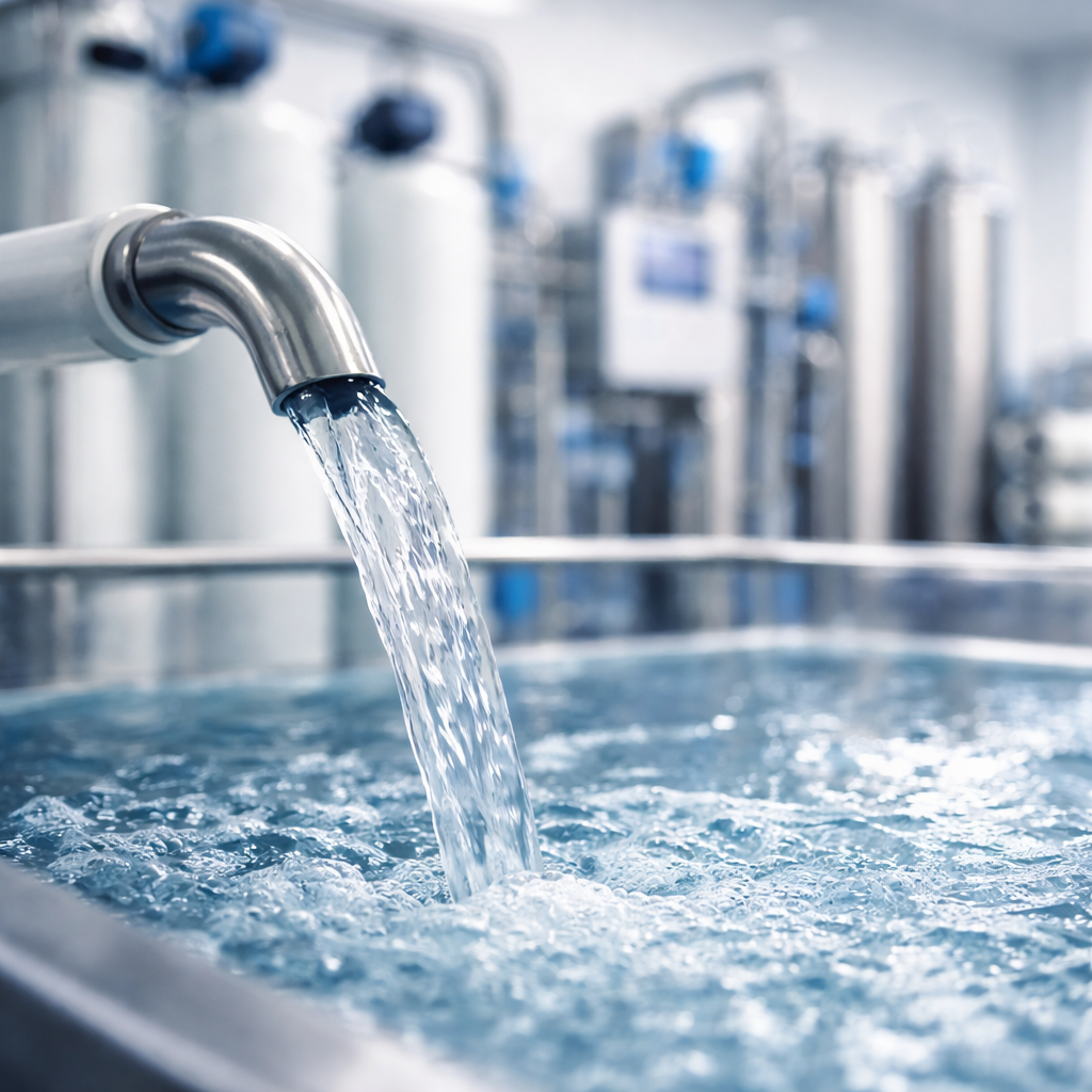 Air bersih yang jernih mengalir dari sistem pengolahan air (water treatment system) modern dengan instalasi filtrasi di latar belakang.