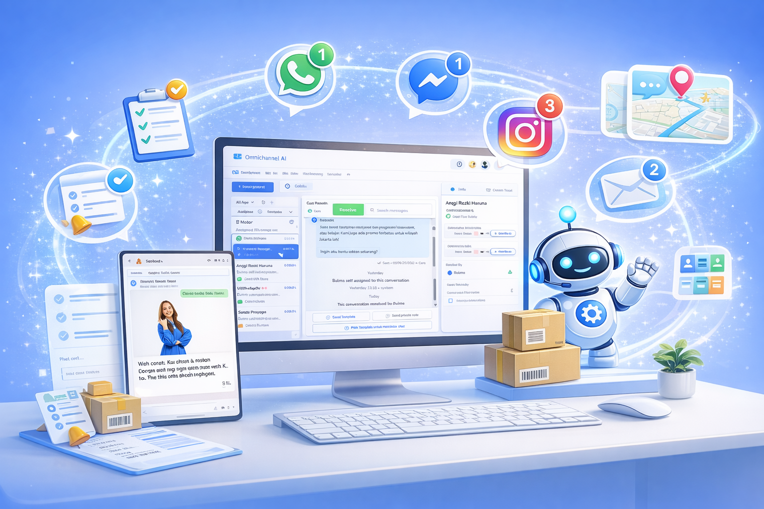 Visual platform Omnichannel AI dengan CRM terintegrasi yang menghubungkan live chat website, WhatsApp Business, Instagram, dan sistem customer service dalam satu dashboard terpusat untuk meningkatkan respon dan konversi bisnis