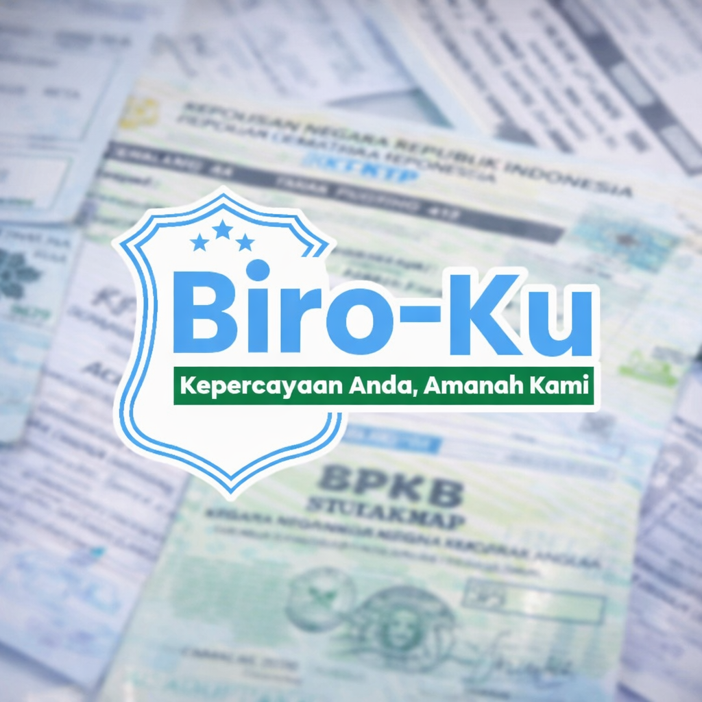 Logo Biroku dengan latar belakang dokumen resmi seperti BPKB, STNK, dan KTP yang menggambarkan layanan pengurusan administrasi kendaraan dan dokumen kependudukan.