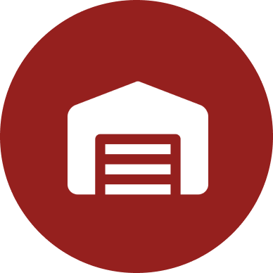 Icon of a white garage door on a red circular background.