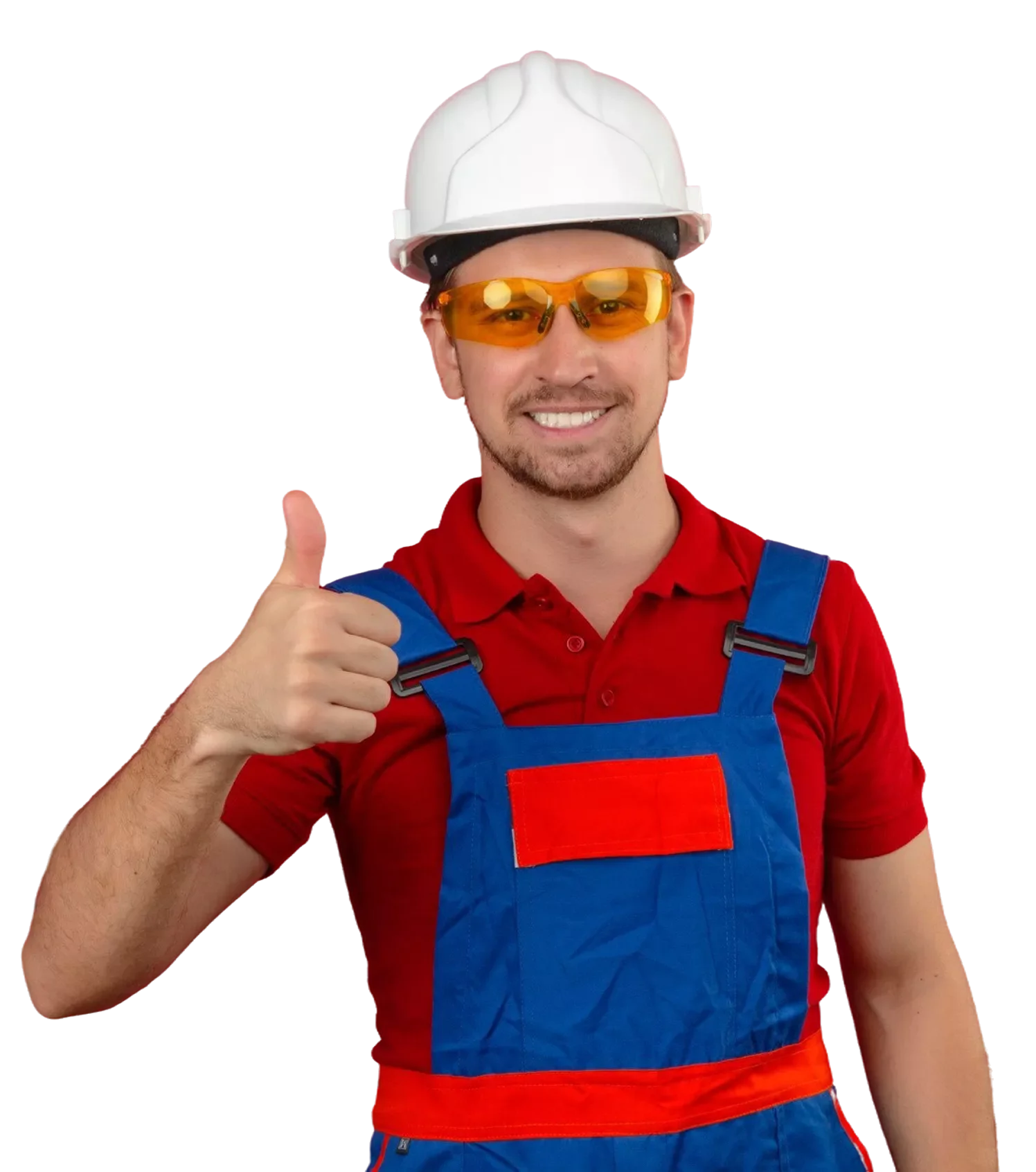 A smiling construction worker wearing a white safety helmet, yellow safety glasses, a red polo shirt, and blue work overalls giving a thumbs up.