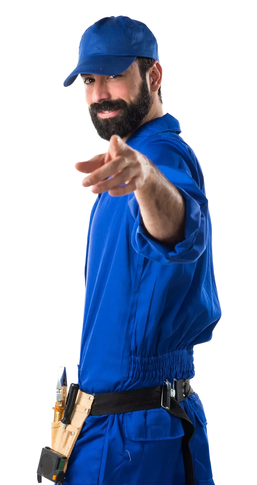 A man in a blue uniform and cap points towards the camera, smiling with a confident expression, with a tool belt around his waist.
