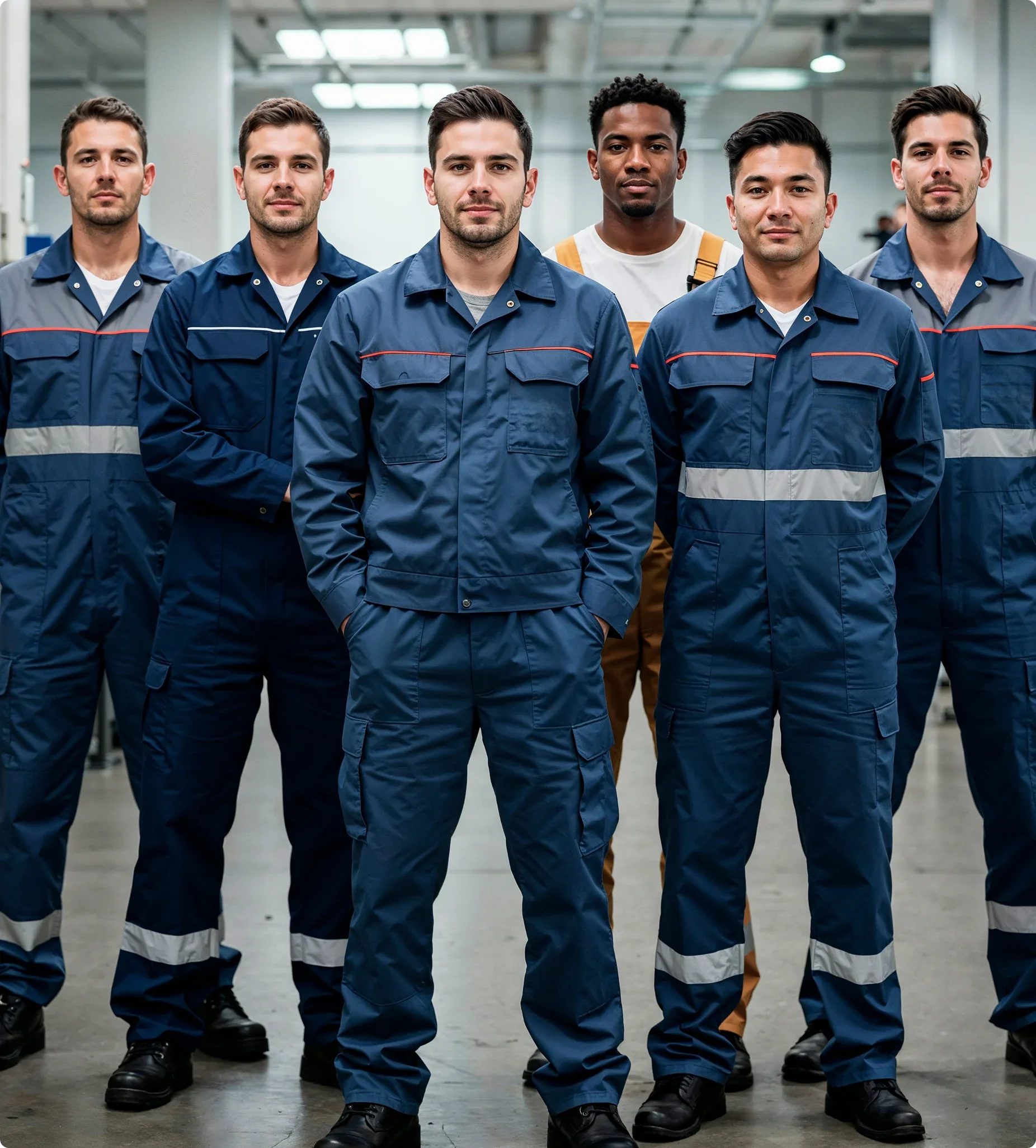 Group of six men in industrial uniforms standing in a factory setting.