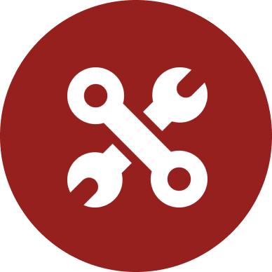 Icon of a wrench and screwdriver crossed on a red circular background.