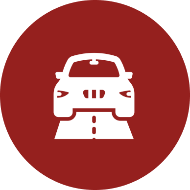 Car icon on a red circular background.