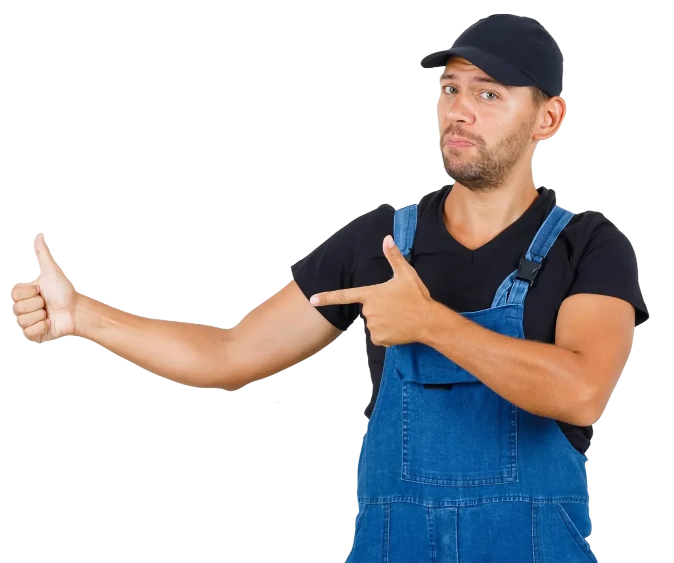 Man in black T-shirt, blue overalls, and black cap pointing to the left, giving a thumbs up with his right hand.