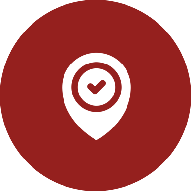 Red circular background with a white map pin icon containing a check mark inside.