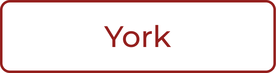 Rectangular sign with red border, black background, and red text that reads 'York'.