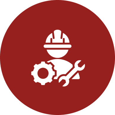 Icon of a construction worker helmet, gear, and wrench on a red circular background.