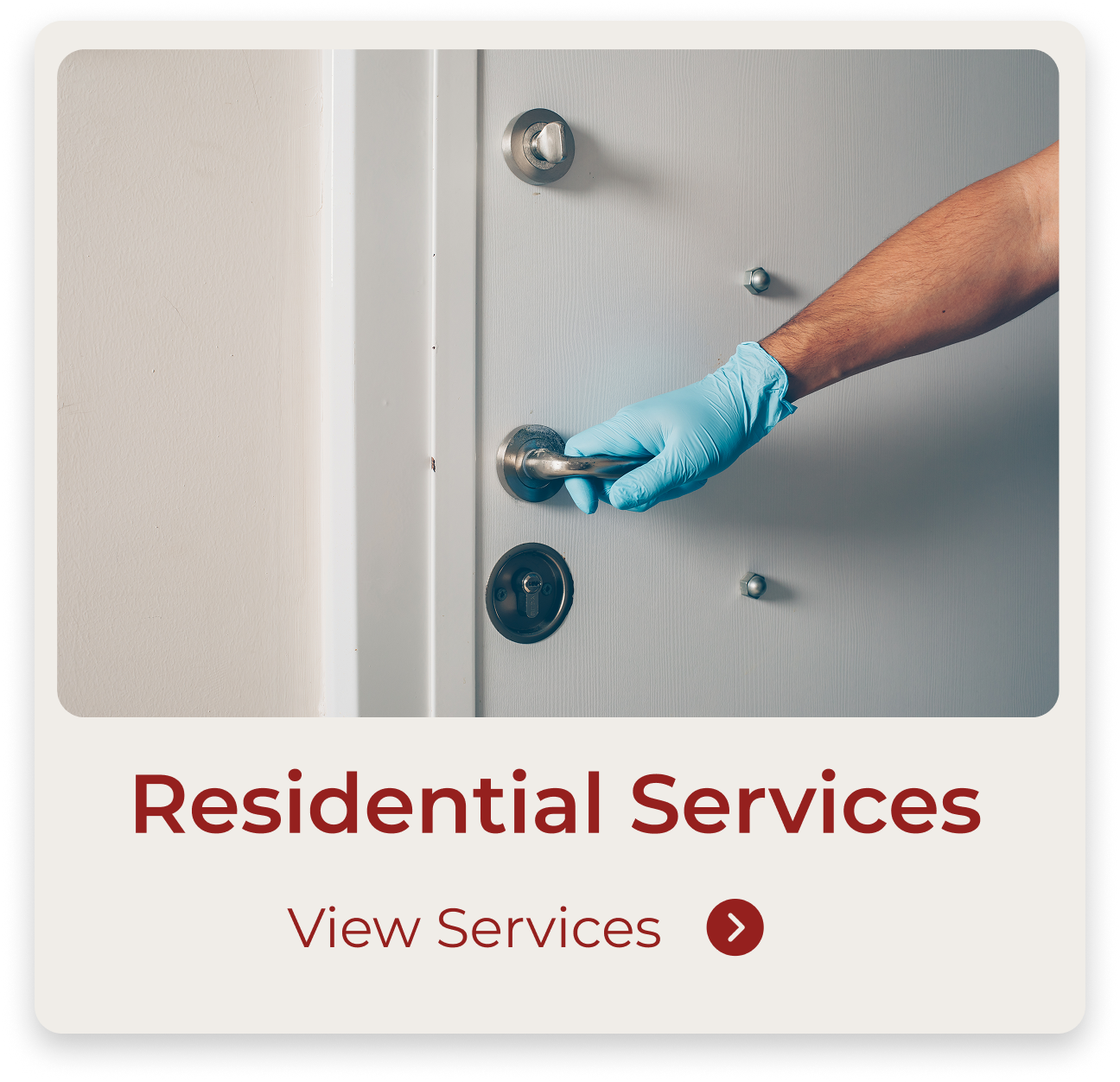 A person wearing a blue glove opening a door in a residential setting, with a door lock and peephole visible.