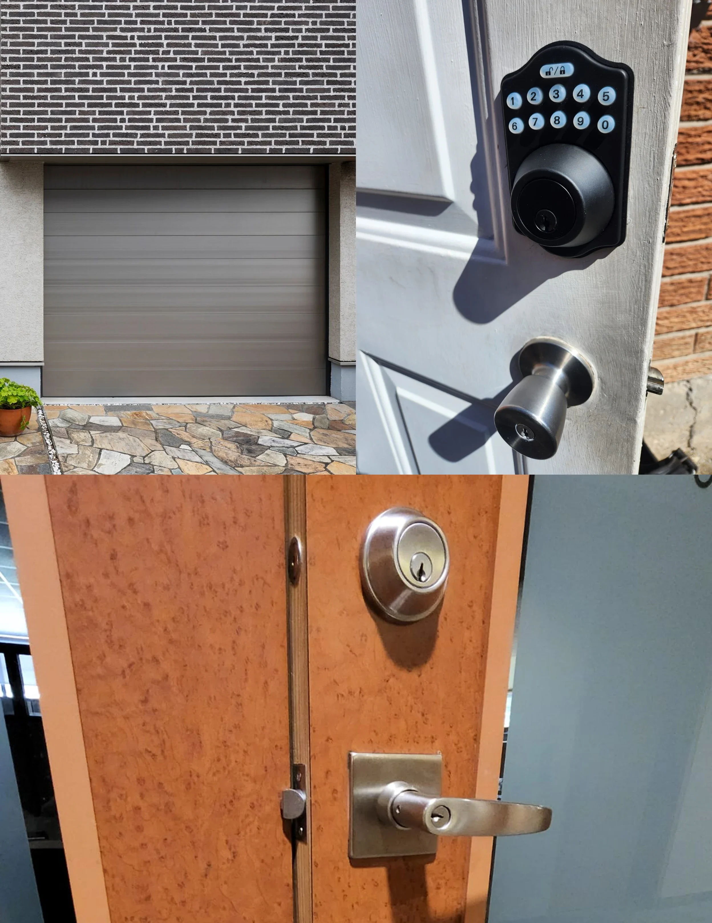 Top left: Exterior view of a house with a gray garage door, stone pathway, and potted plant. Top right: Close-up of a door with a keypad lock and deadbolt. Bottom: Close-up of a wooden door with a silver knob, deadbolt, and lock mechanism.