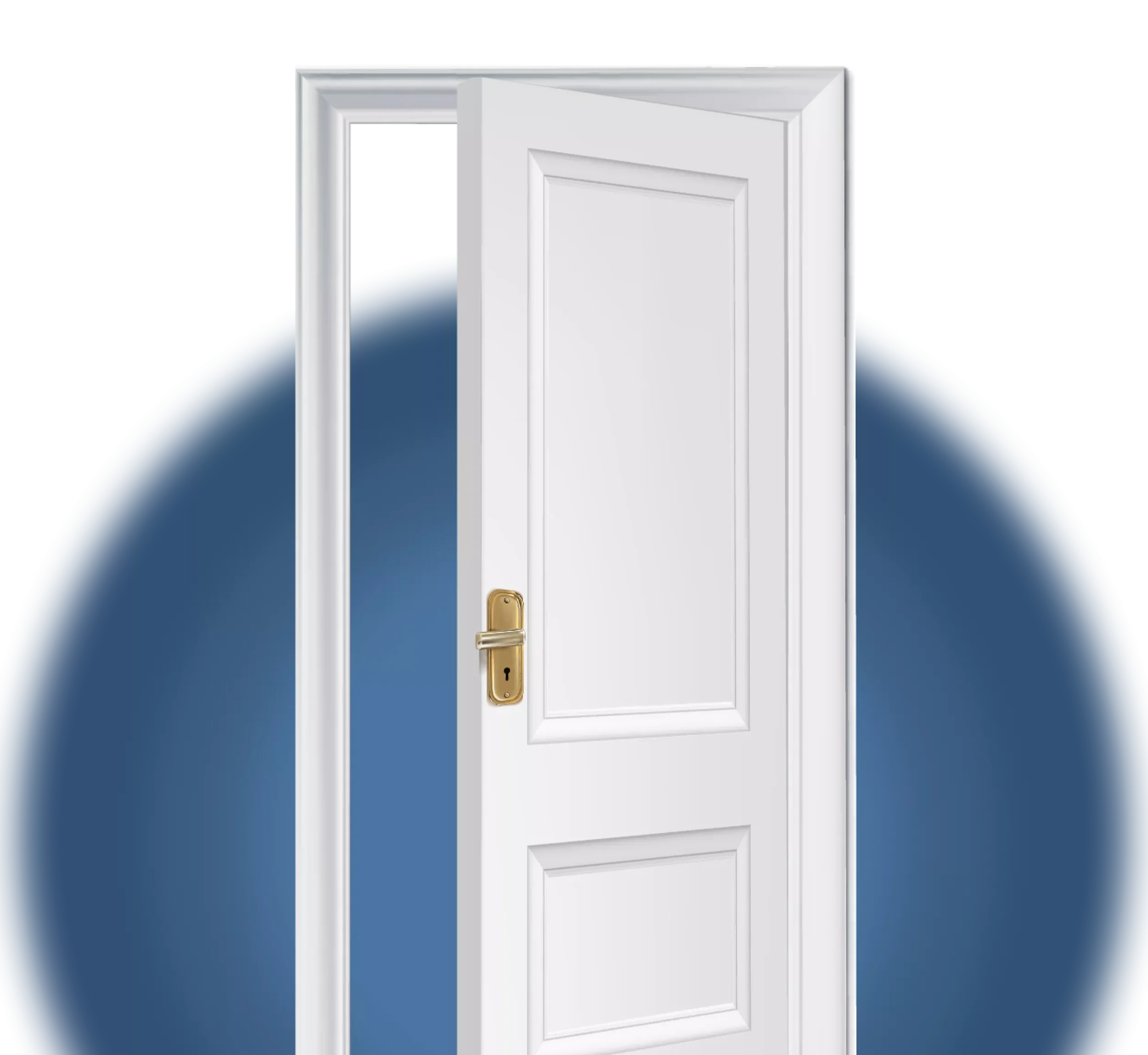 An open white door with a gold handle, revealing an interior space with blue walls.