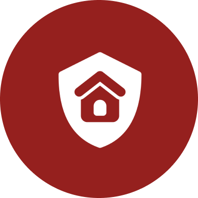 A white house icon inside a shield on a red circular background.