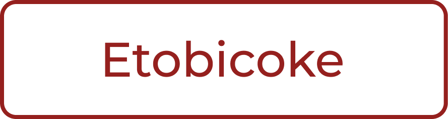 Text on a sign that says 'Etobicoke' in red and black colors.