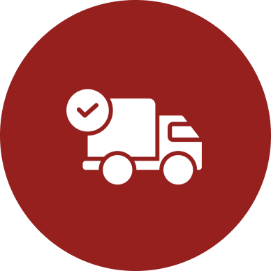 White delivery truck icon with checkmark on a red circular background.