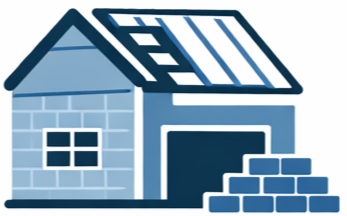 Illustration of a house with a brick wall, window, and a roof with solar panels, and a stack of bricks nearby.