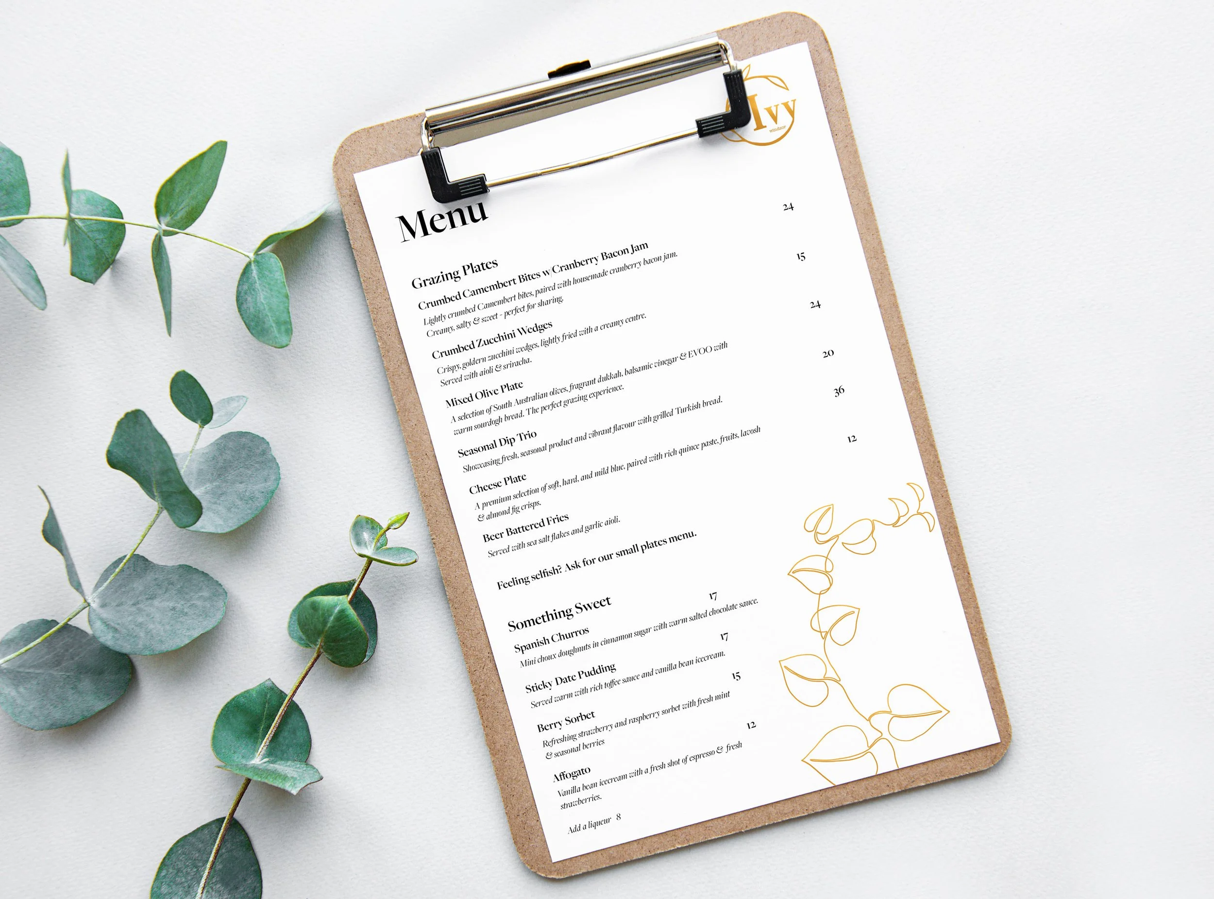 Food menu with gold ivy design element