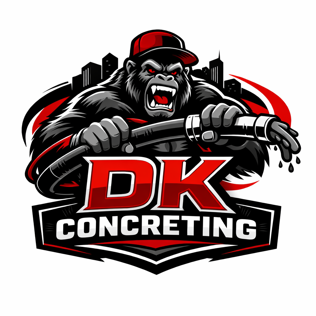 A graphic illustration of a fierce gorilla driving a vehicle, wearing a red cap, with the text 'DK Concreting' below.