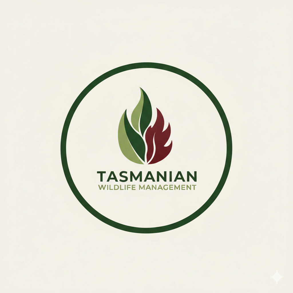 A logo featuring a stylized flame with green and maroon leaves inside. Below the flame, the text reads 'TASMANIAN WILDLIFE MANAGEMENT'. The logo is enclosed in a dark green circle on a light background.