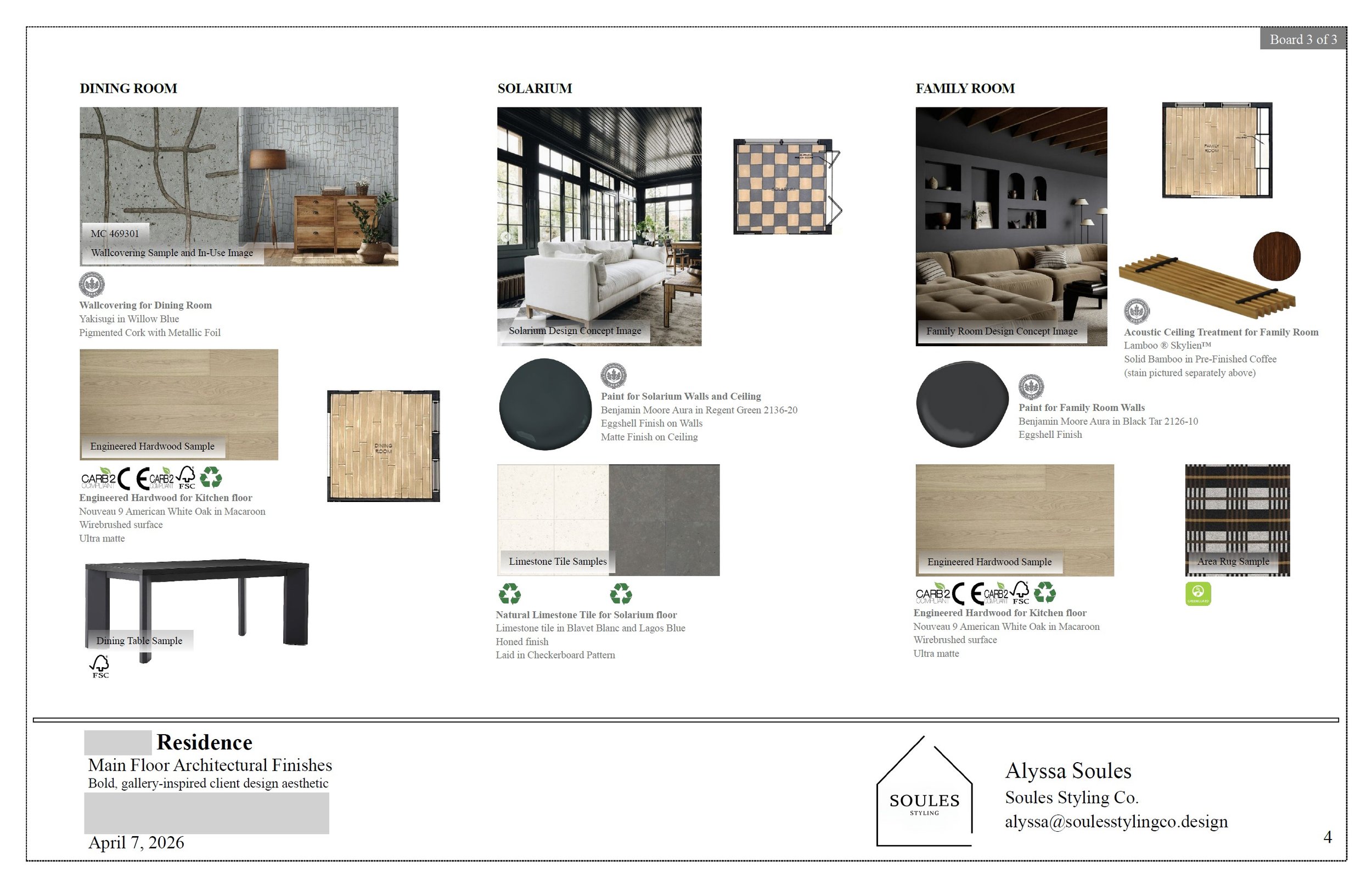 Page of a home interior design catalog showing different room designs and materials. Includes images of a dining room, solarium, and family room, with sample flooring, wall coverings, and paint options. Also features a sample dining table and decorative samples of tiles and rugs.