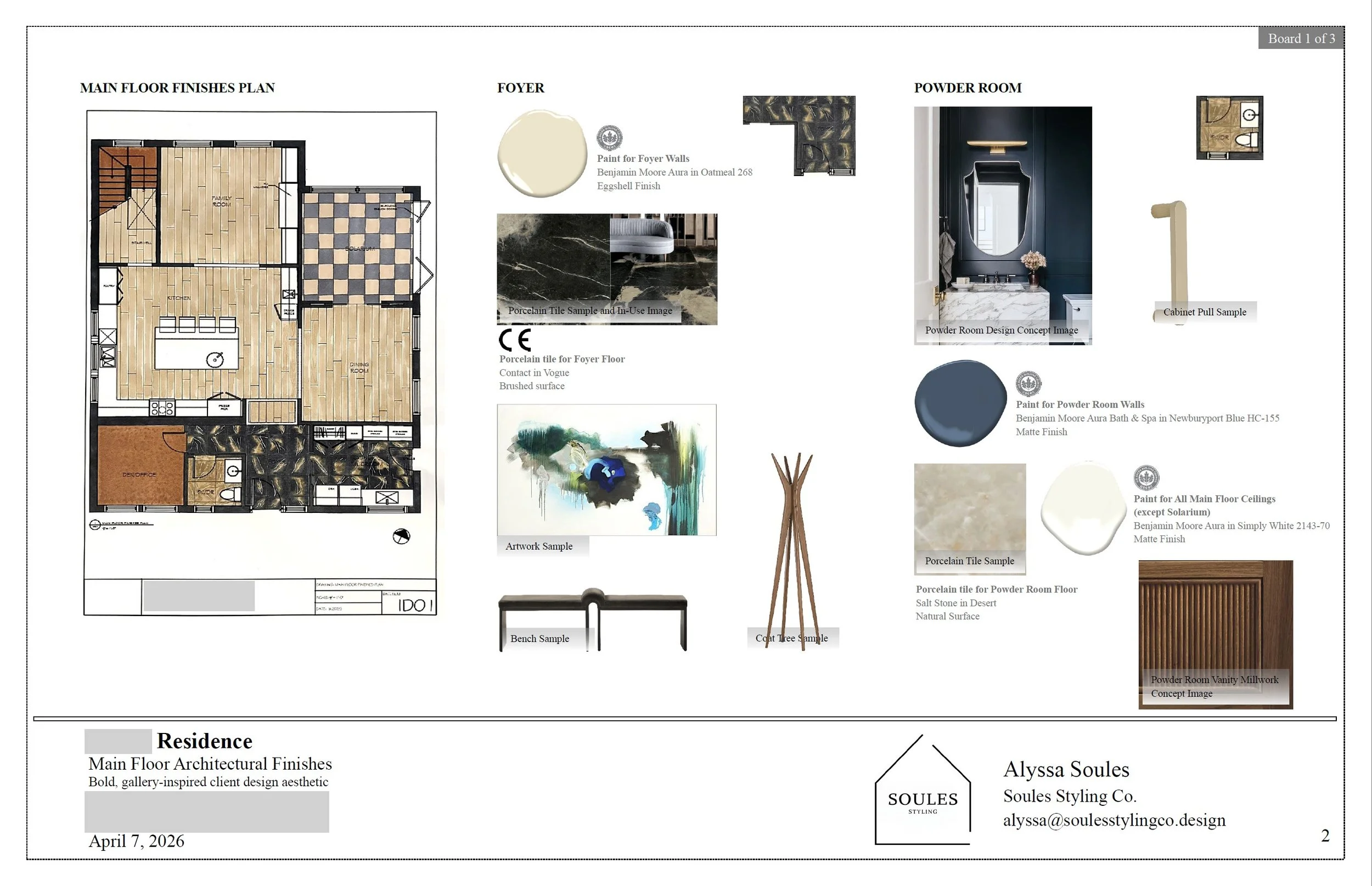 Floor plan diagram of a residence showing the main floor finishes, foyer, and powder room, with sample materials and design concepts.