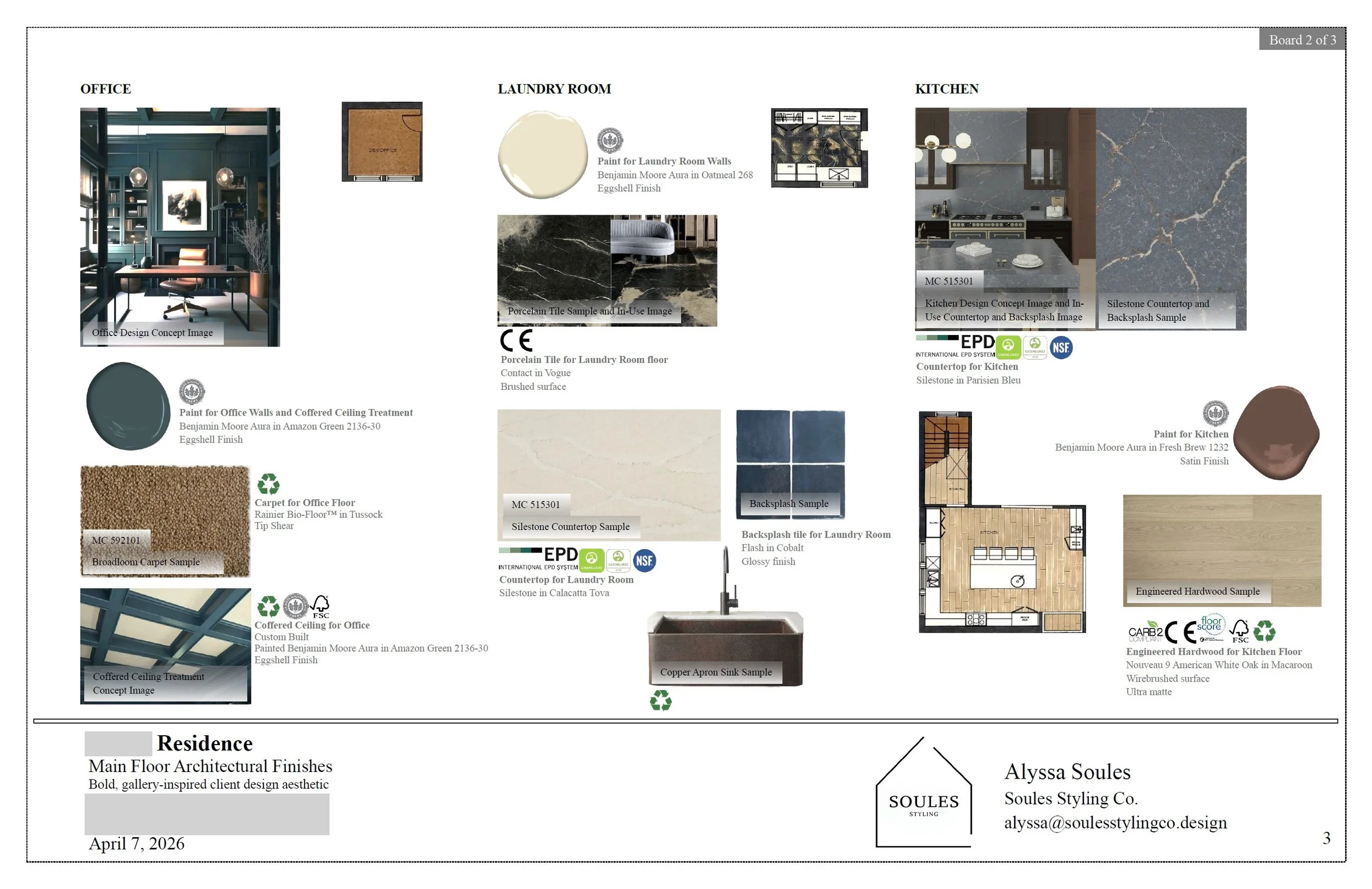 Interior design concept document showing color and material samples for different rooms in a residence, including office, laundry room, and kitchen.