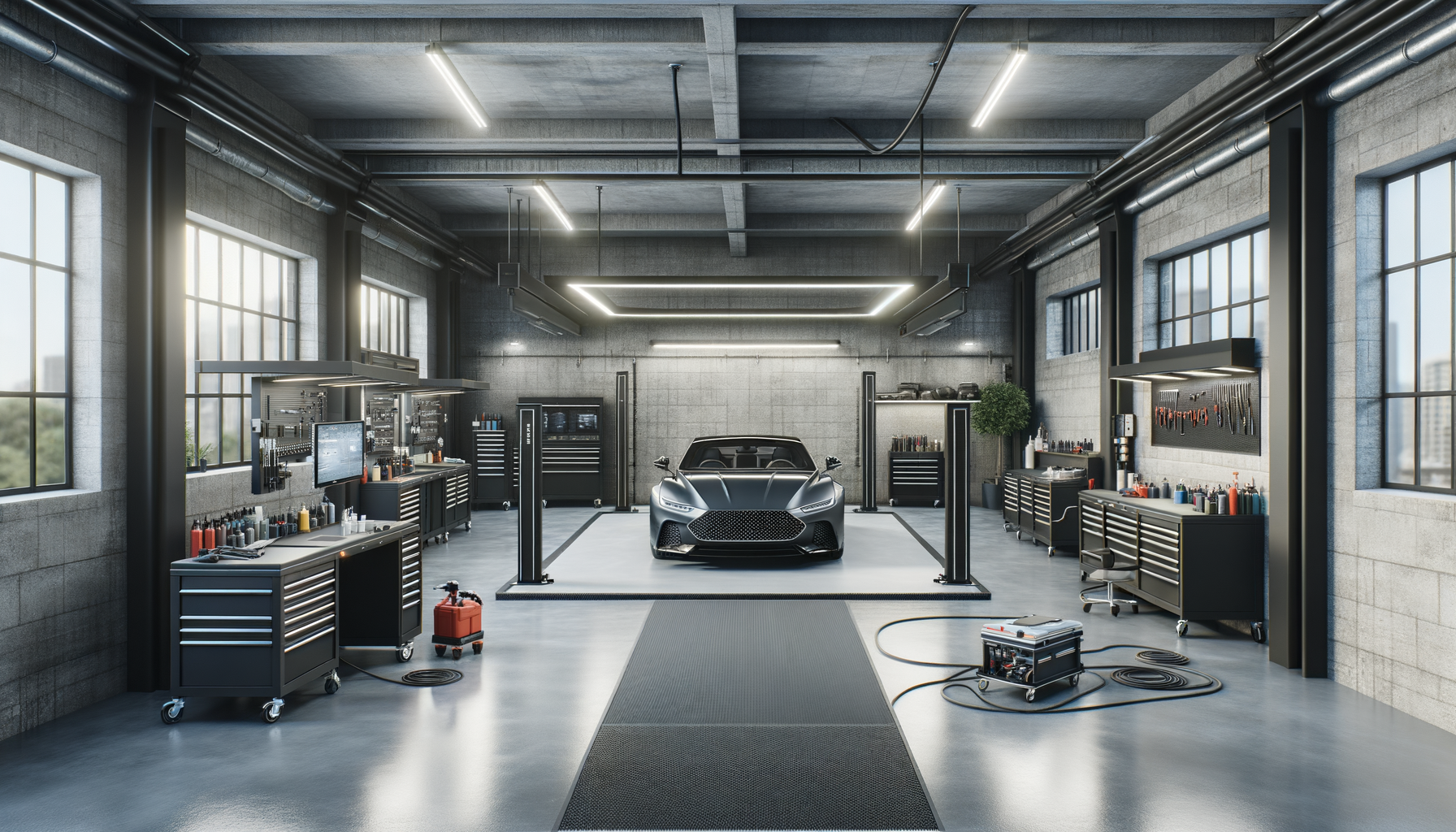 A sleek, black sports car is parked inside a modern, well-equipped auto repair garage with large windows, gray concrete walls, and organized tool stations.