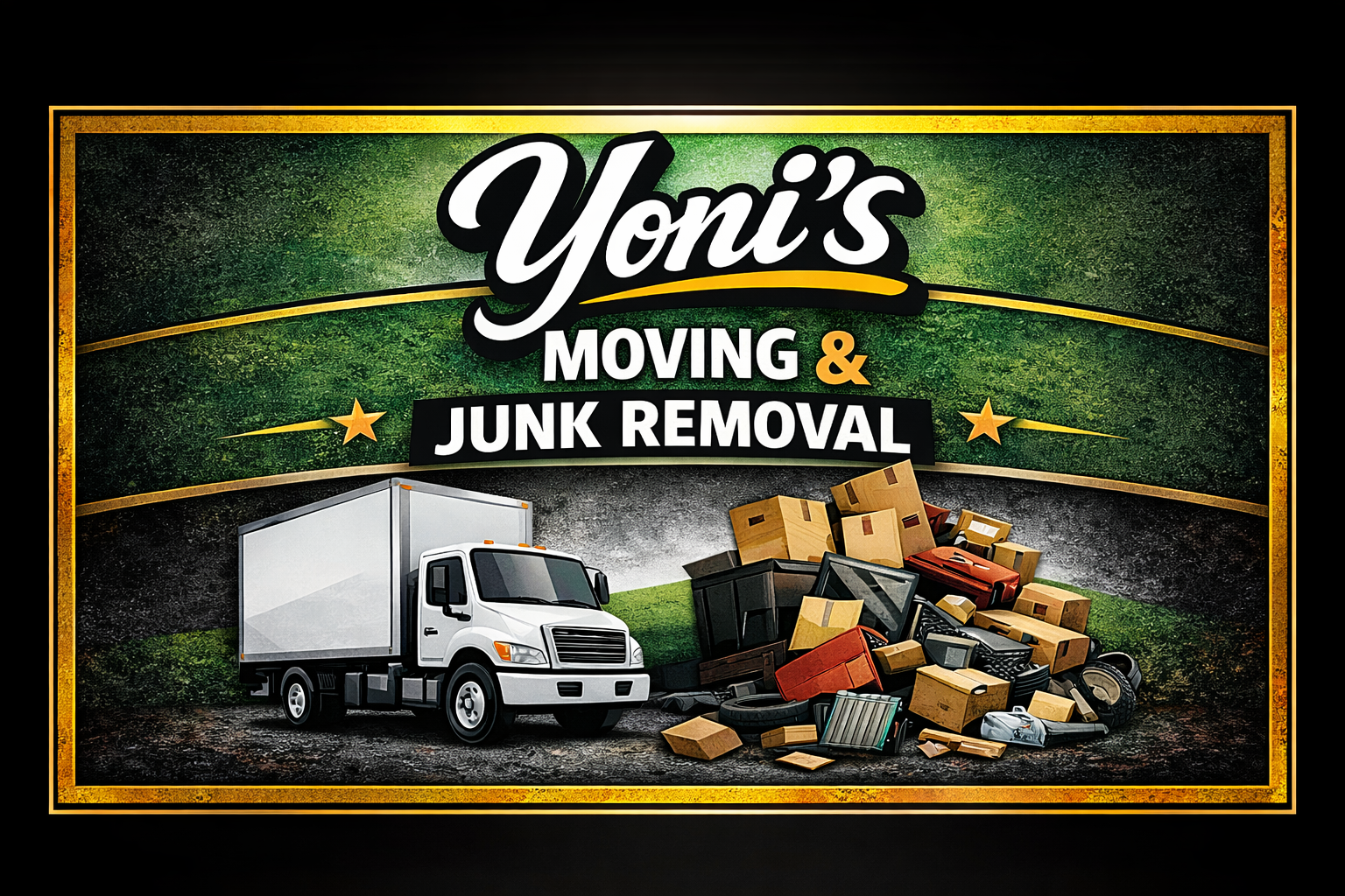 Sign for Yoni's Moving & Junk Removal with a moving truck and a pile of trash and boxes.