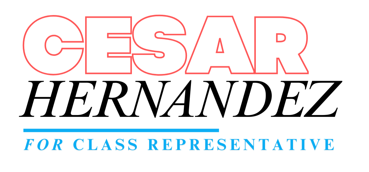 Cesar campaign logo with césar in red outlined letters and text 'for class representative' in blue.