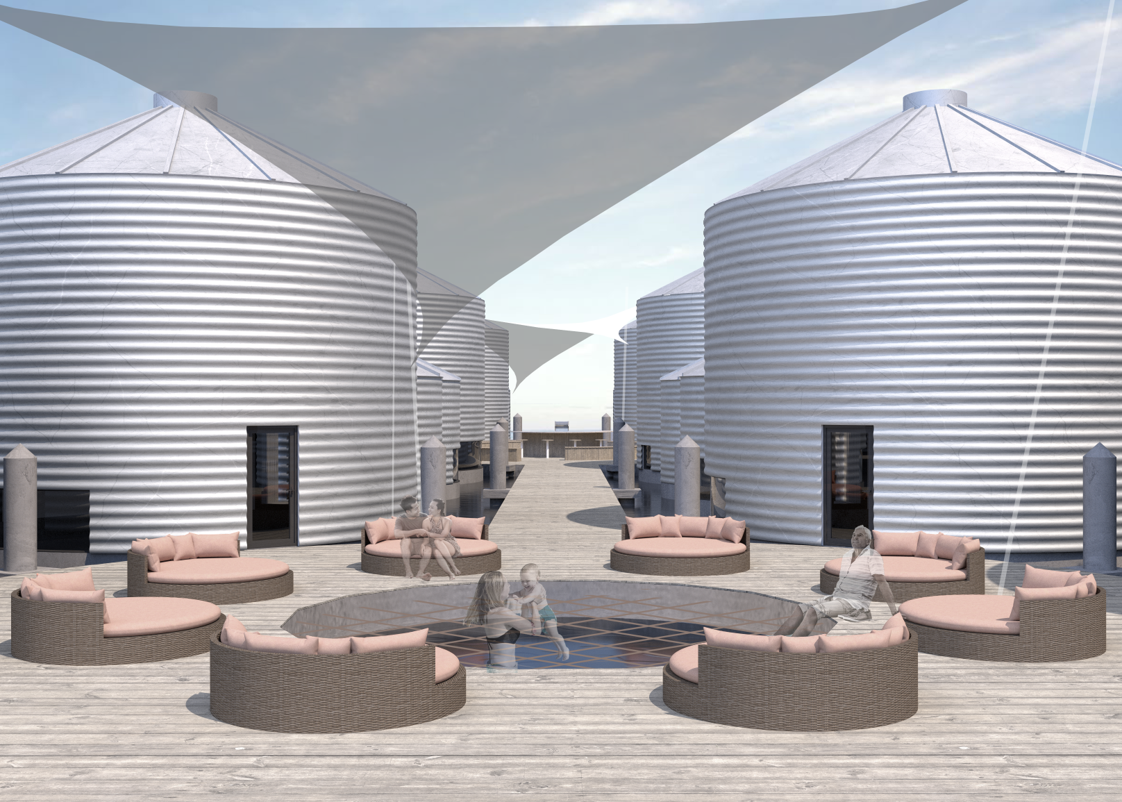 A central promenade organizes the silo dwellings into a shared social spine, where circulation becomes encounter. Soft seating clusters transform the passage into an inhabitable threshold — balancing privacy with collective life and framing community