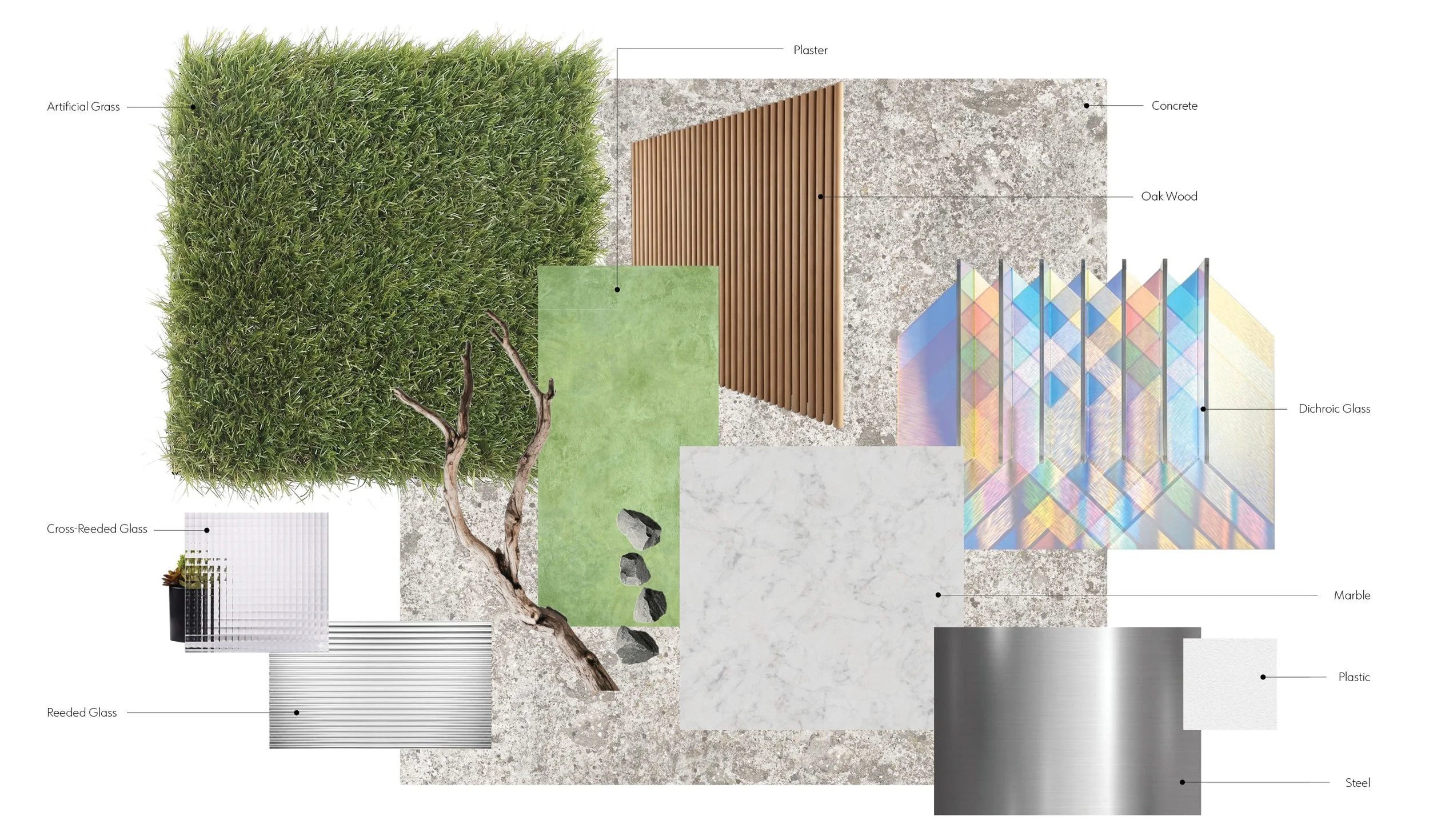 Material experiments informed the final palette of dichroic glass, reeded panels, concrete, and artificial turf. Physical light studies tested chromatic dispersion and reflection behavior, shaping how color interacts with both product and visitor.