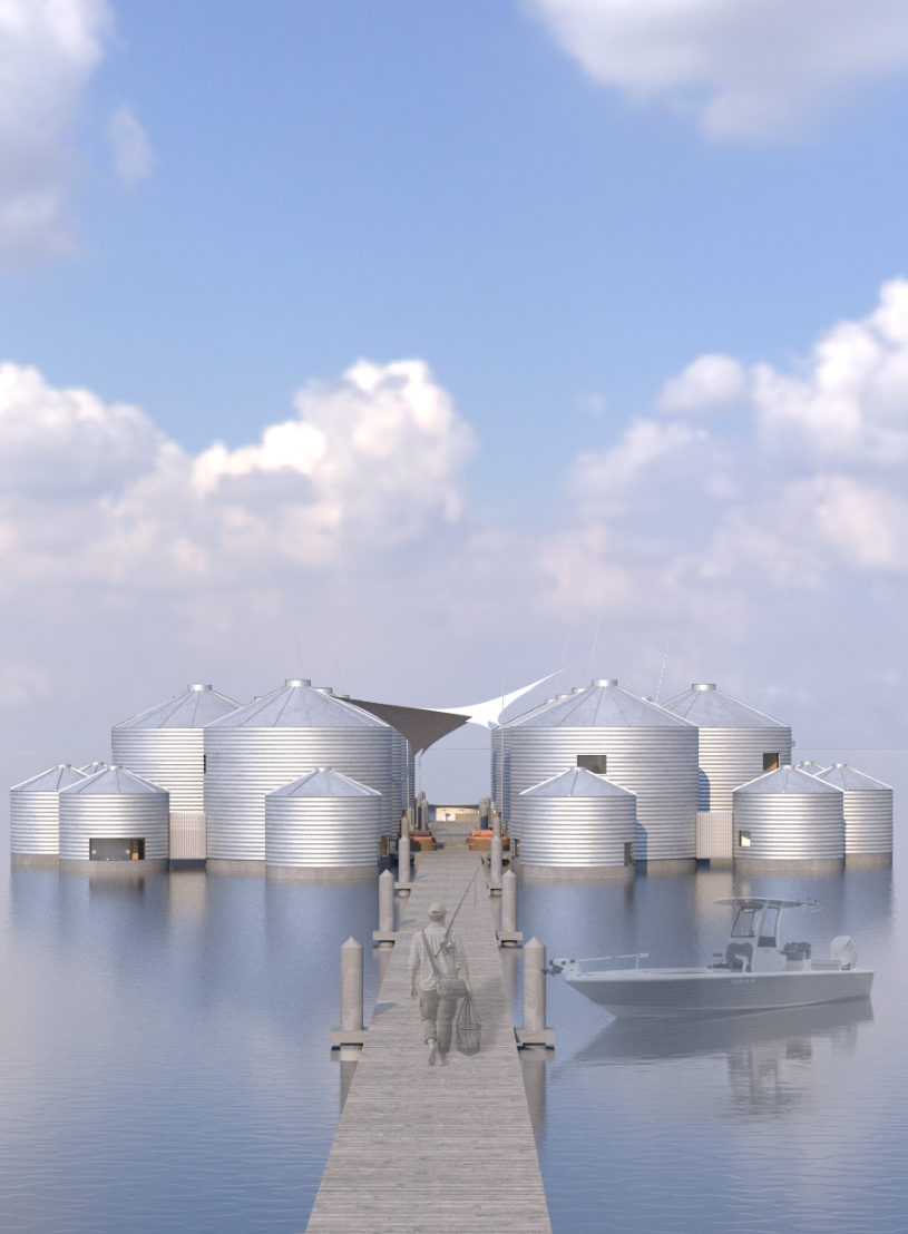 Buoyant, Interdependent proposes a floating habitat where community is shaped through shared reliance rather than fixed ground. Repurposed grain silos are transformed into modular dwellings linked by collective infrastructure, supporting diverse mode
