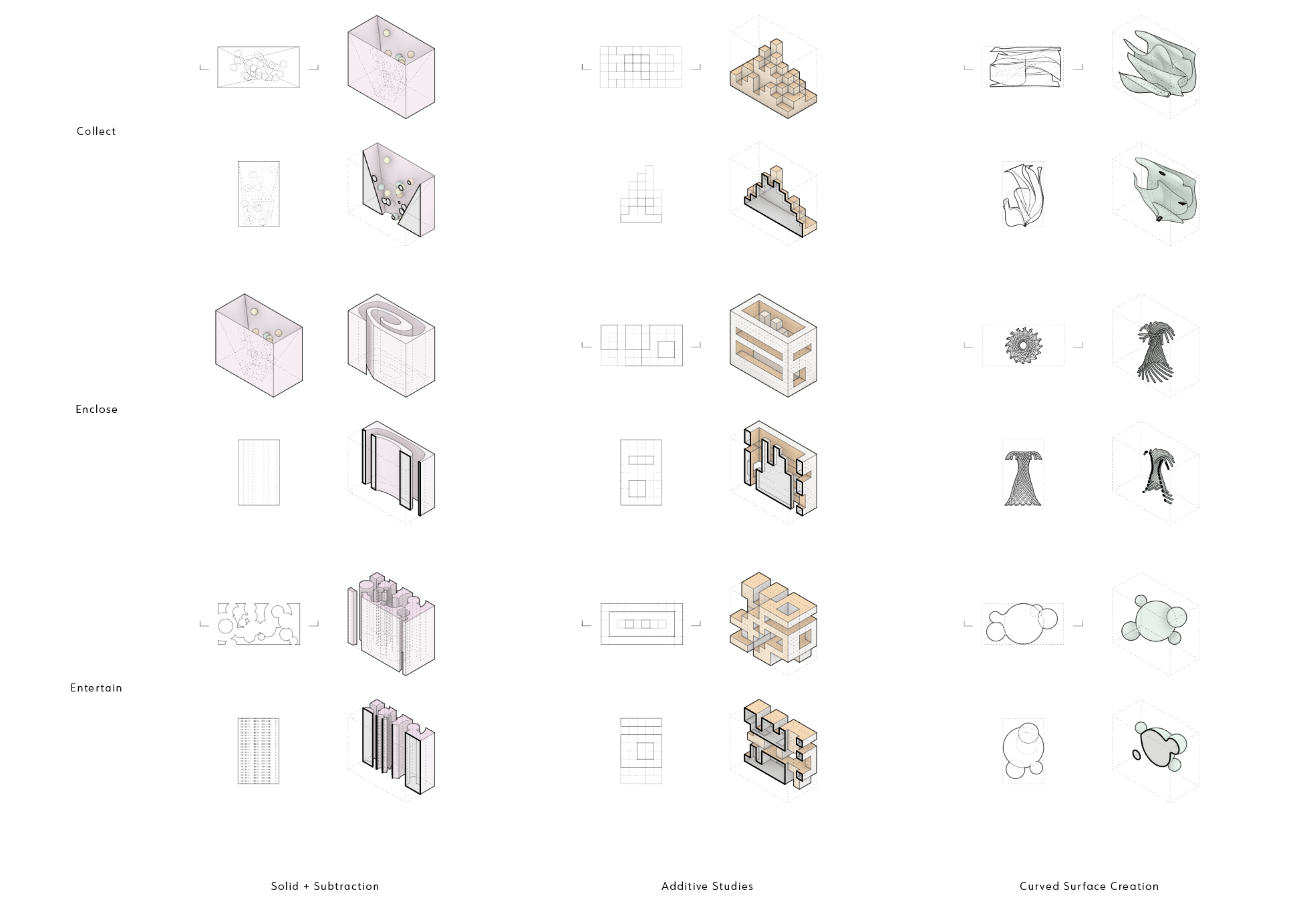 Guided by three operative verbs, this project explores spatial composition through iterative geometric studies. Additive and subtractive strategies shape environments that collect interaction, enclose reflection, and support occupation. Flexible boun