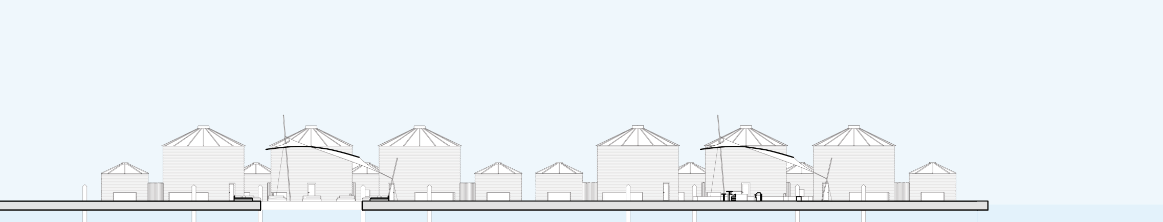 A floating neighborhood structured by shared infrastructure, where independent dwellings are anchored within a cooperative spatial framework that supports encounter, visibility, and evolving forms of community. Organized as a field rather than a sing